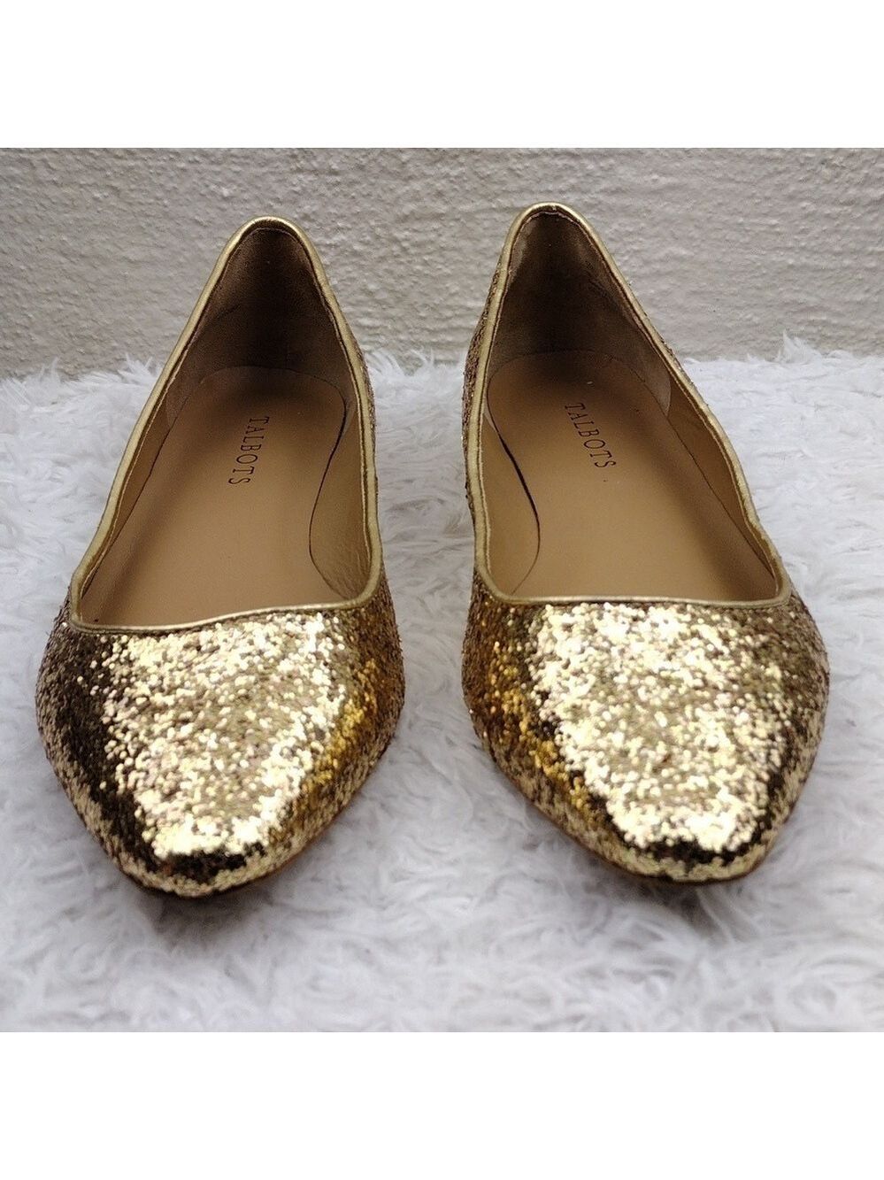 Talbots Gold Glitter Metallic Closed Almond Toe Slip On Leather Lined Flat Shoe - Picture 2 of 16